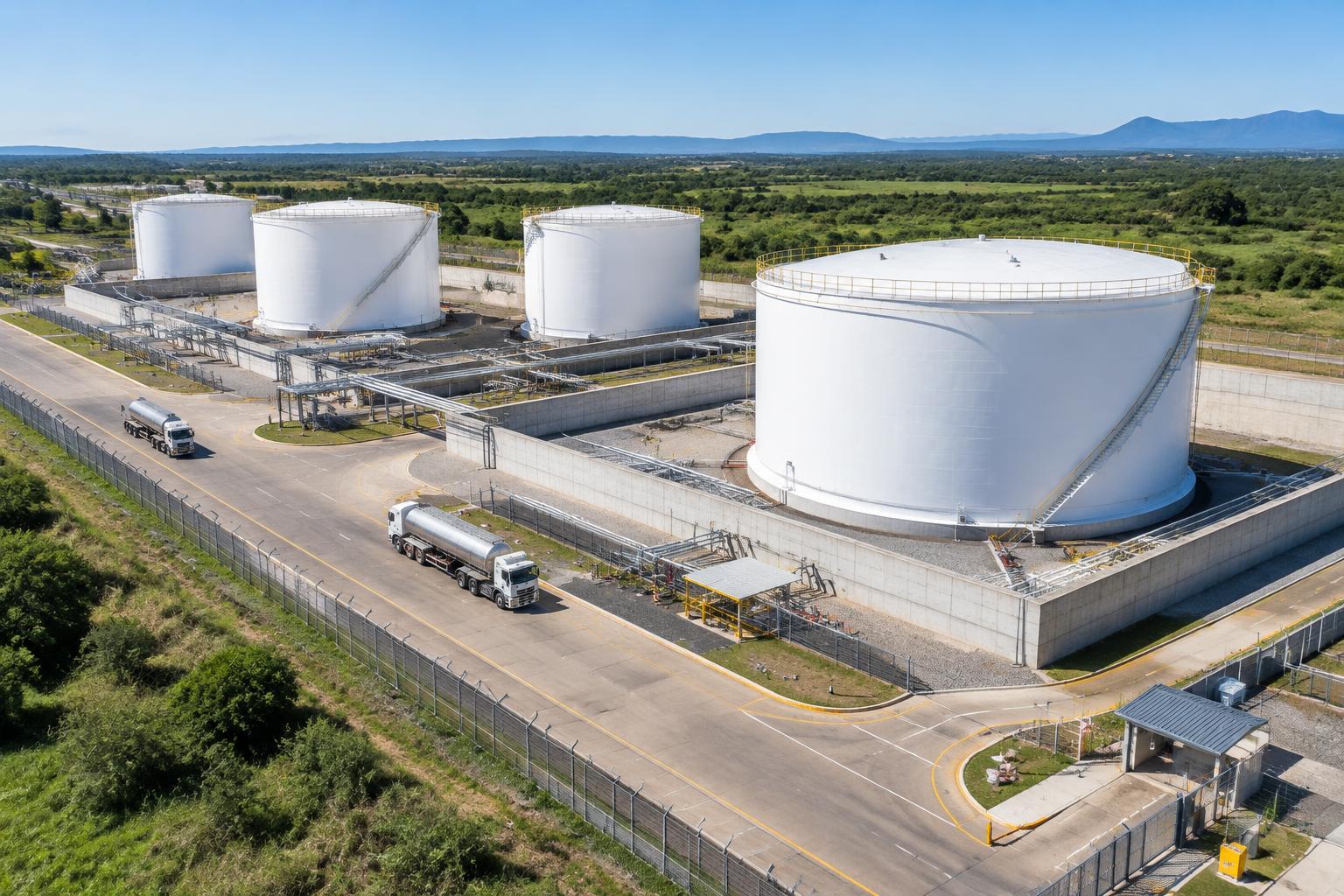 Illustrative industrial energy depot with concrete containment and heavy-vehicle logistics infrastructure